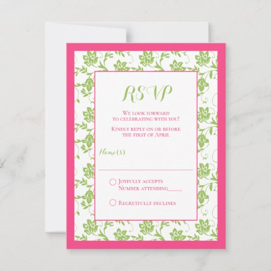 Roze en groene bloemendamask bruiloft antwoordkaar RSVP kaartje (Voorkant)