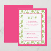 Roze en groene bloemendamask bruiloft antwoordkaar RSVP kaartje (Voorkant / Achterkant)
