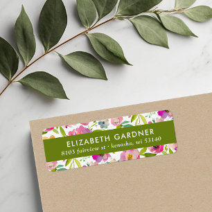 Roze en groene bloemendecoratie retouradres etiket