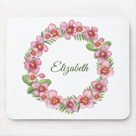 Roze en groene bloemenslinger gepersonaliseerd muismat (Voorkant)