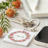 Roze en groene bloemenslinger gepersonaliseerd sleutelhanger (Voorkant Rechts)