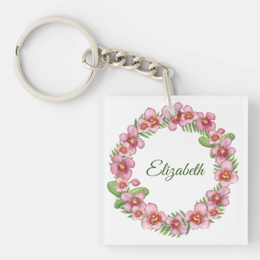 Roze en groene bloemenslinger gepersonaliseerd sleutelhanger (voorkant)
