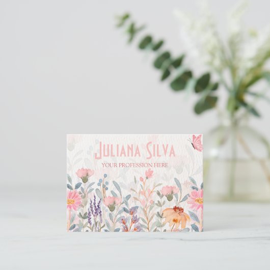 Roze en groene bloemenvlinder met QR Visitekaartje (Staand voorkant)