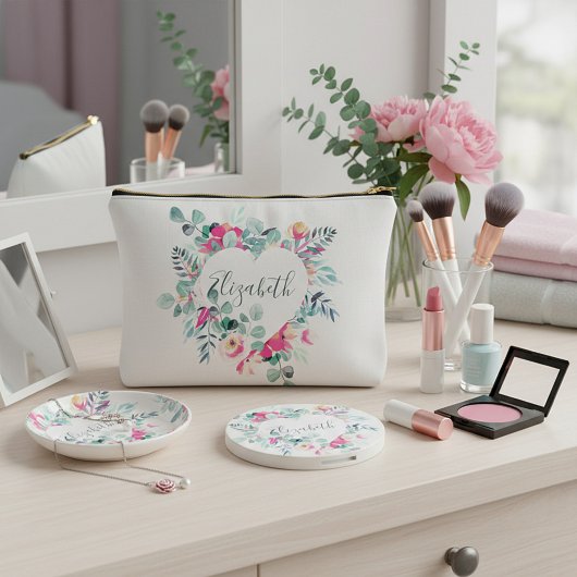 Roze en groene bloemhartige gepersonaliseerde etui