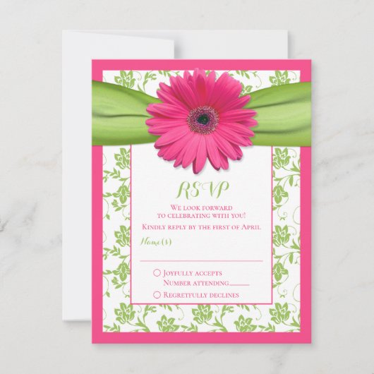 Roze en groene bloemige damast huwelijksreactiekaa RSVP kaartje (Voorkant)