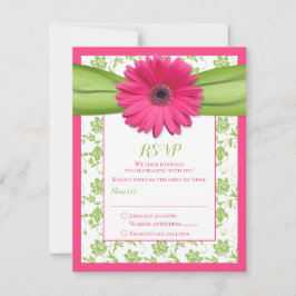 Roze en groene bloemige damasten huwelijksreactiek RSVP kaartje