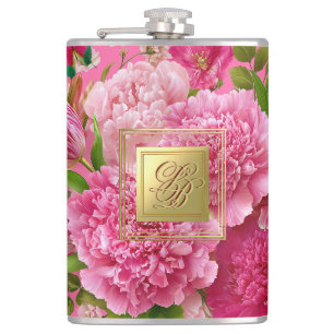 Roze en groene bloemige monogram feestfles heupfles