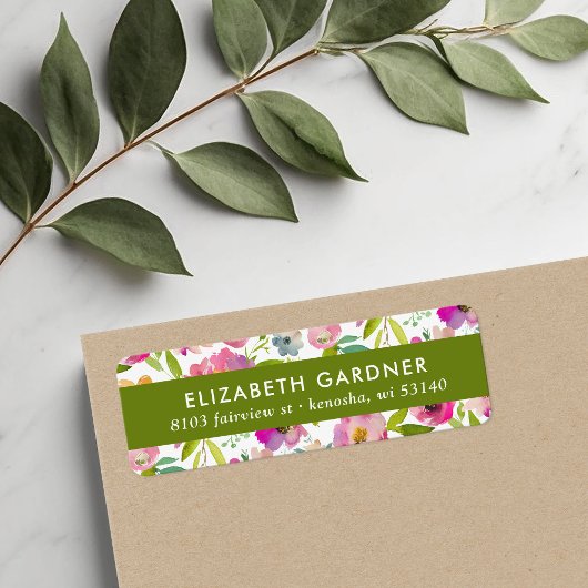 Roze en groene bloemige retouradreslabels etiket