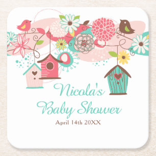 Roze en groene bloemige vogelkooien baby shower kartonnen onderzetters