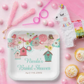 Roze en groene bloemige vogelkooien bruidsdouche papieren bordje (Feest)