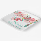 Roze en groene bloemige vogelkooien bruidsdouche papieren bordje (Gebogen)