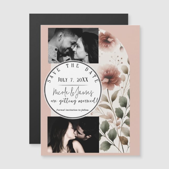 Roze en groene bloemige woestijnroos Save The Date (Voorkant / Achterkant)