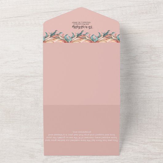 Roze en Groene Boho veren Foto Kerst Kaart (Buitenkant)