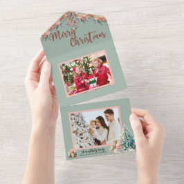 Roze en Groene Boho veren Foto Kerst Kaart