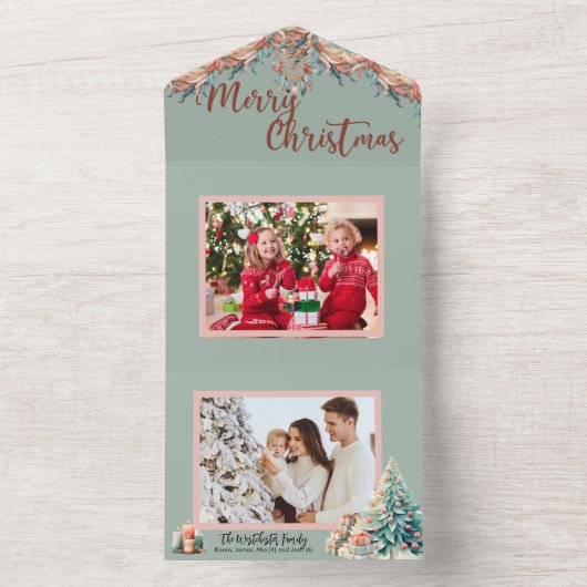 Roze en Groene Boho veren Foto Kerst Kaart (Binnen)