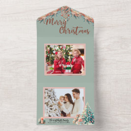 Roze en Groene Boho veren Foto Kerst Kaart