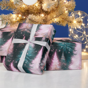Roze en groene bomen moderne kerst cadeaupapier