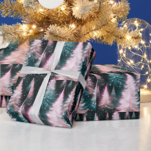 Roze en groene bomen moderne kerst cadeaupapier