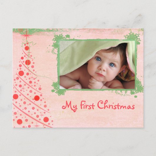 Roze en Groene Boom Eerste Kerstfoto Briefkaart (Voorkant)