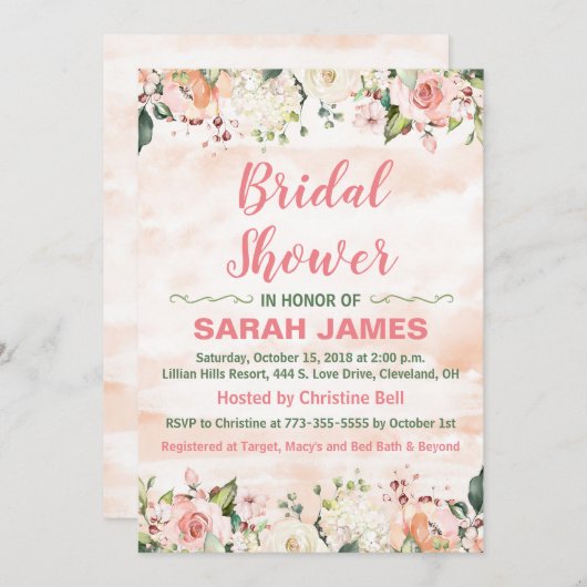 Roze en Groene Bridal Uitnodiging (Voorkant / Achterkant)