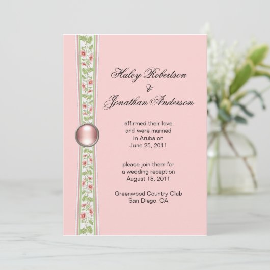 Roze en groene bruiloft receptie uitnodiging (Staand voorkant)
