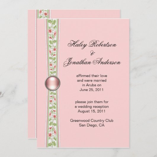 Roze en groene bruiloft receptie uitnodiging (Voorkant / Achterkant)
