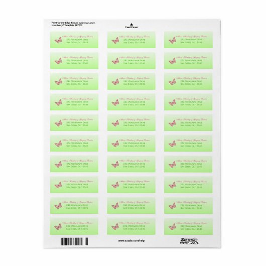 Roze en groene Butterfly Return Address Label (Full Sheet)