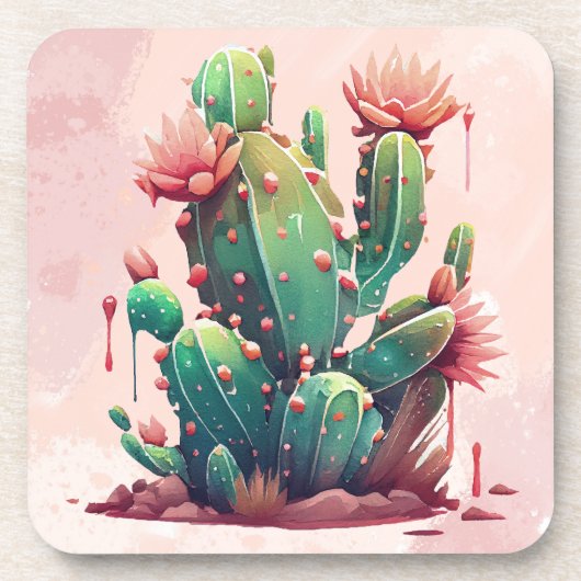 Roze en Groene cactus Illustratie Bier Onderzetter (Voorkant)