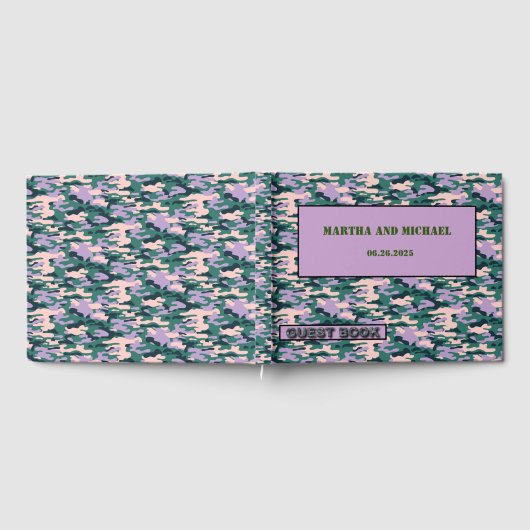 Roze en groene camouflage bruiloft gastenboek (Volledig)