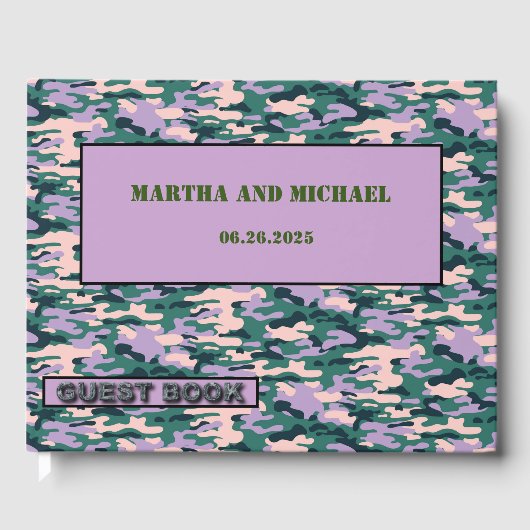 Roze en groene camouflage bruiloft gastenboek (Voorkant)