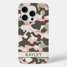 Roze en groene camouflage gepersonaliseerd iPhone 15 pro case