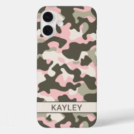 Roze en groene camouflage gepersonaliseerd iPhone 16 plus hoesje