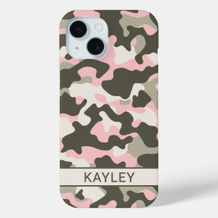 Roze en groene camouflage gepersonaliseerd iPhone 15 case