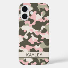 Roze en groene camouflage gepersonaliseerd iPhone 16 hoesje