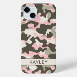 Roze en groene camouflage gepersonaliseerd iPhone 15 mini hoesje