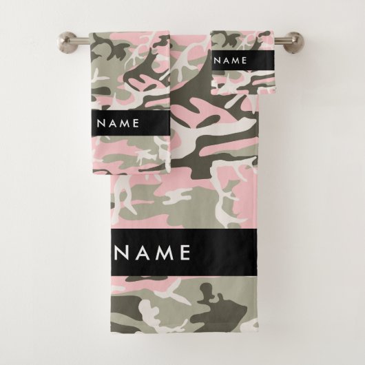 Roze en Groene Camouflage Jouw naam Personaliseren Bad Handdoek (Insitu)