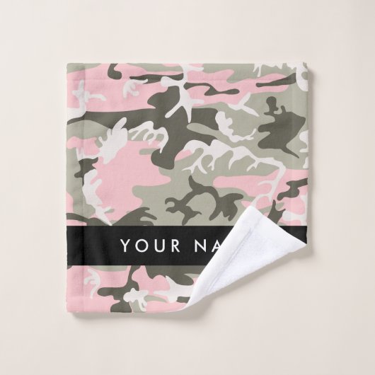Roze en Groene Camouflage Jouw naam Personaliseren Bad Handdoek (Wasdoekje)