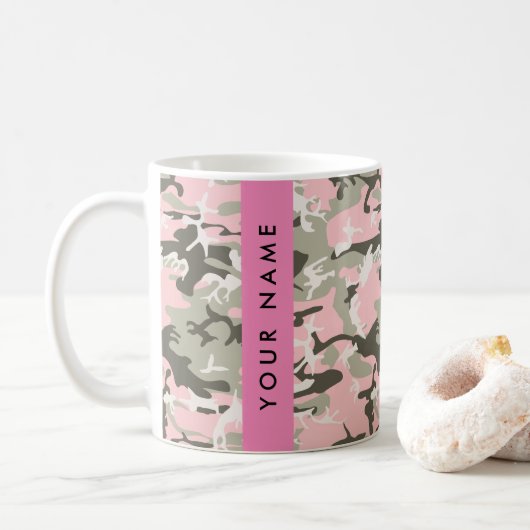 Roze en Groene Camouflage Jouw naam Personaliseren Koffiemok (Met donut)