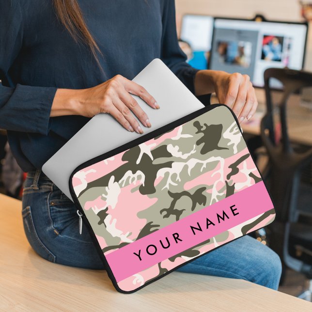 Roze en Groene Camouflage Jouw naam Personaliseren Laptop Sleeve (Creator heeft geüpload)