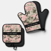 Roze en Groene Camouflage Jouw naam Personaliseren Ovenwant & Pannenlap Set (Voorkant / Achterkant)