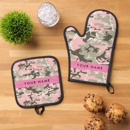 Roze en Groene Camouflage Jouw naam Personaliseren Ovenwant & Pannenlap Set (Top down)