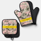 Roze en Groene Camouflage Jouw naam Personaliseren Ovenwant & Pannenlap Set (Voorkant / Achterkant)