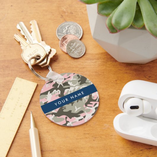 Roze en Groene Camouflage Jouw naam Personaliseren Sleutelhanger (Bureau)