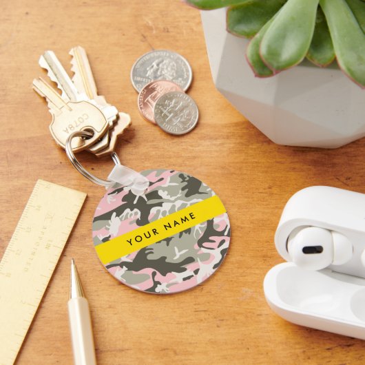 Roze en Groene Camouflage Jouw naam Personaliseren Sleutelhanger (Bureau)