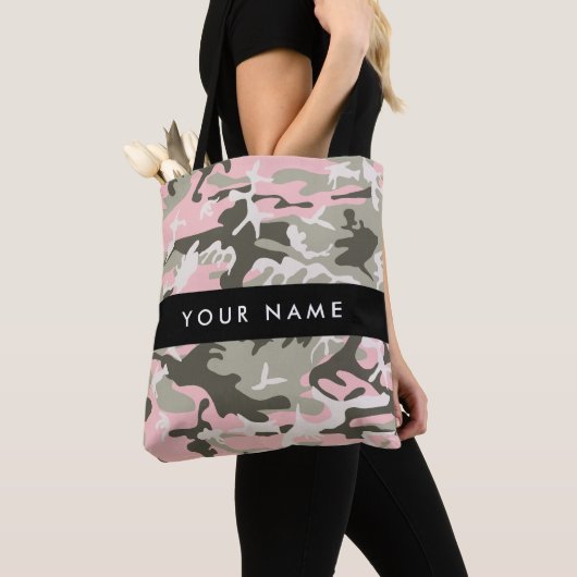 Roze en Groene Camouflage Jouw naam Personaliseren Tote Bag (Dichtbij)