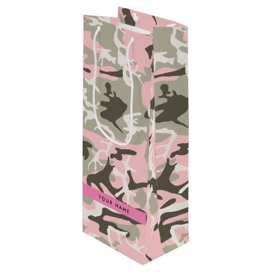 Roze en Groene Camouflage Jouw naam Personaliseren Wijn Cadeautas (Voorkant Gekanteld)
