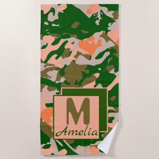 Roze en groene Camouflage Patroon Strandlaken (Voorkant)
