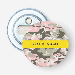 Roze en groene camouflage personaliseer je naam button flesopener