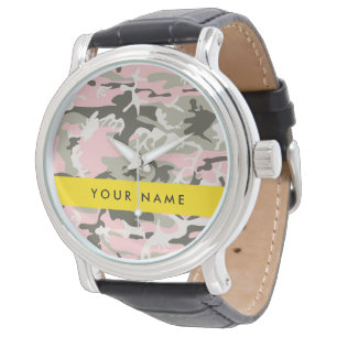 Roze en groene camouflage Personaliseer je naam Horloge