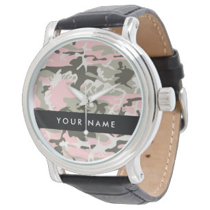 Roze en groene camouflage Personaliseer je naam Horloge